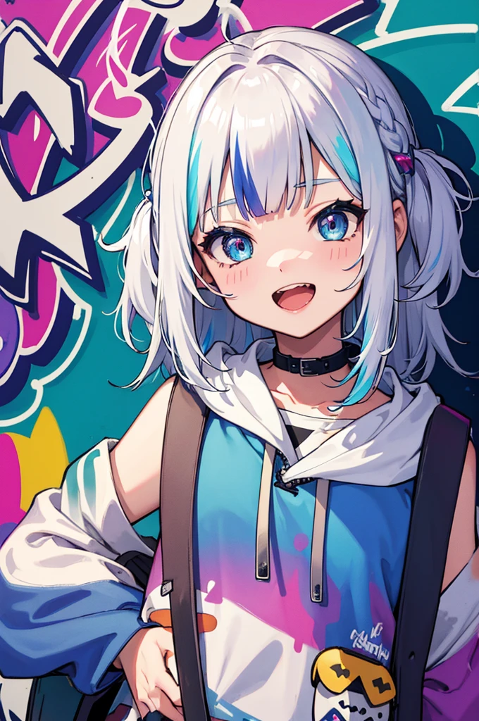 masterpiece, high quality, highres, absurdres, ultra-detailed, 8k, 1girl, platinum grey hair, blue hair, multicolored hair, gradient hair, looking at viewer, colorful eyes, colorful hoodie, (graffiti murals wall background:1.15), brilliant colorful paintings, bloom, portrait, open mouth, waist bag, against wall, bangs, shadow, reflection, Graffiti face, colourful eyes, open mouth, yandere expression, smile, look at viewer