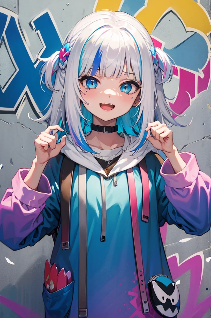 masterpiece, high quality, highres, absurdres, ultra-detailed, 8k, 1girl, platinum grey hair, blue hair, multicolored hair, gradient hair, looking at viewer, colorful eyes, colorful hoodie, (graffiti murals wall background:1.15), brilliant colorful paintings, bloom, portrait, open mouth, waist bag, against wall, bangs, shadow, reflection, Graffiti face, colourful eyes, open mouth, yandere expression, smile, look at viewer
