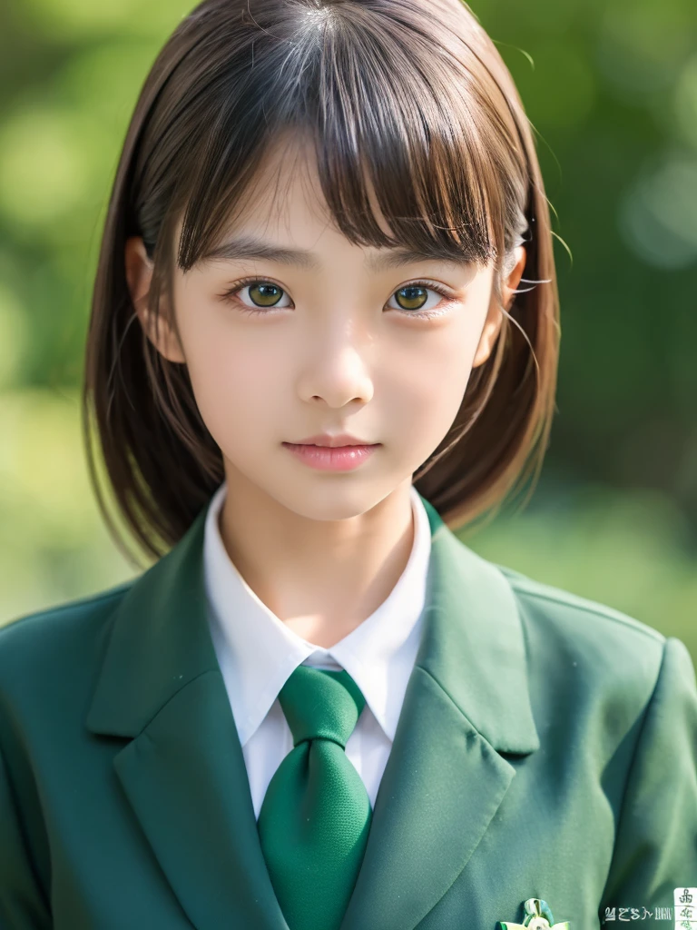 masterpiece、highest quality、８K、Japanese、11 years old、An attractive and well-groomed face、beautiful girl、Flat chest、(uniform:White and green)、Full body description、Well-formed eyes、sit、An attractive and well-groomed face、Detailed eyes、Detailed nose