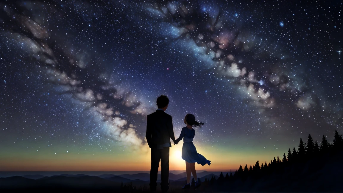 Looking up at the Milky Way from atop a small hill、Silhouette of a young man and woman holding hands、Fantasy