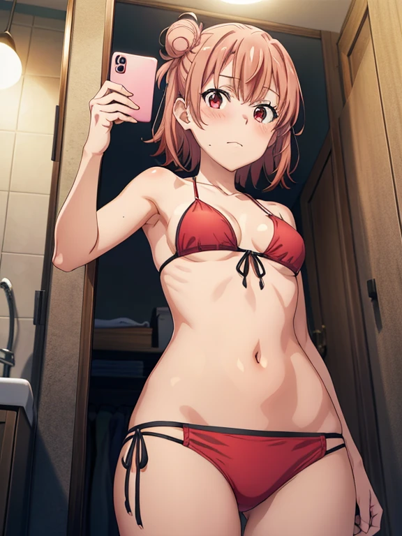 ((masutepiece, Best Quality, hight resolution, nffsw, Perfect Pixel, depth of fields, 4K, )), 1girl in, Solo, , Beautiful anime girl, Beautiful Art Style, 
very low view angle:1.3, view from below:1.5, sky from below:1.5, bathroom background, 
Perfect body, shy face:1.5 shot from below:1.4, selfie in mirror:1.5, red bikini:1.5, show ass:1.5,
Yuigahama Yui, Hair bun, short hair, medium breasts, 
Full face blush, red face, 
straight on:1.3, medium shot