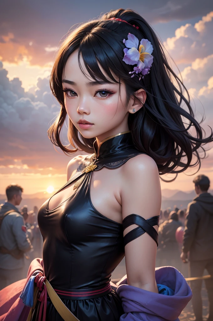 Chinese woman, close do rosto, crescent female figure made of ribbons, smoke, In the sky, colorful and bright, mystical colors, modern impressionism, return Yanjun Cheng, iridescent painting, 3/4 perspective, cute face, Low angle, wide swirling composition, big beautiful crystal eyes, big iris, ultra HD, hdr, 8K, (work of art: 1. 5), (the most beautiful portrait in the world: 1.5)