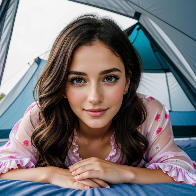 Ideal cutie, extremely photogenic girl, (detailed eyes:0.8), blush, textured skin, (photorealistic:1.2), (vibrant colors, 8k, high quality, shot on Fujifilm X-T4, 85mm f1.2), sagging breasts, huge breasts, camping tent, open door curtain, (on all fours:1.4), (frills chiffon pajamas:1.3), (night:1.3), fog, (from side:1.1), looking at viewer
