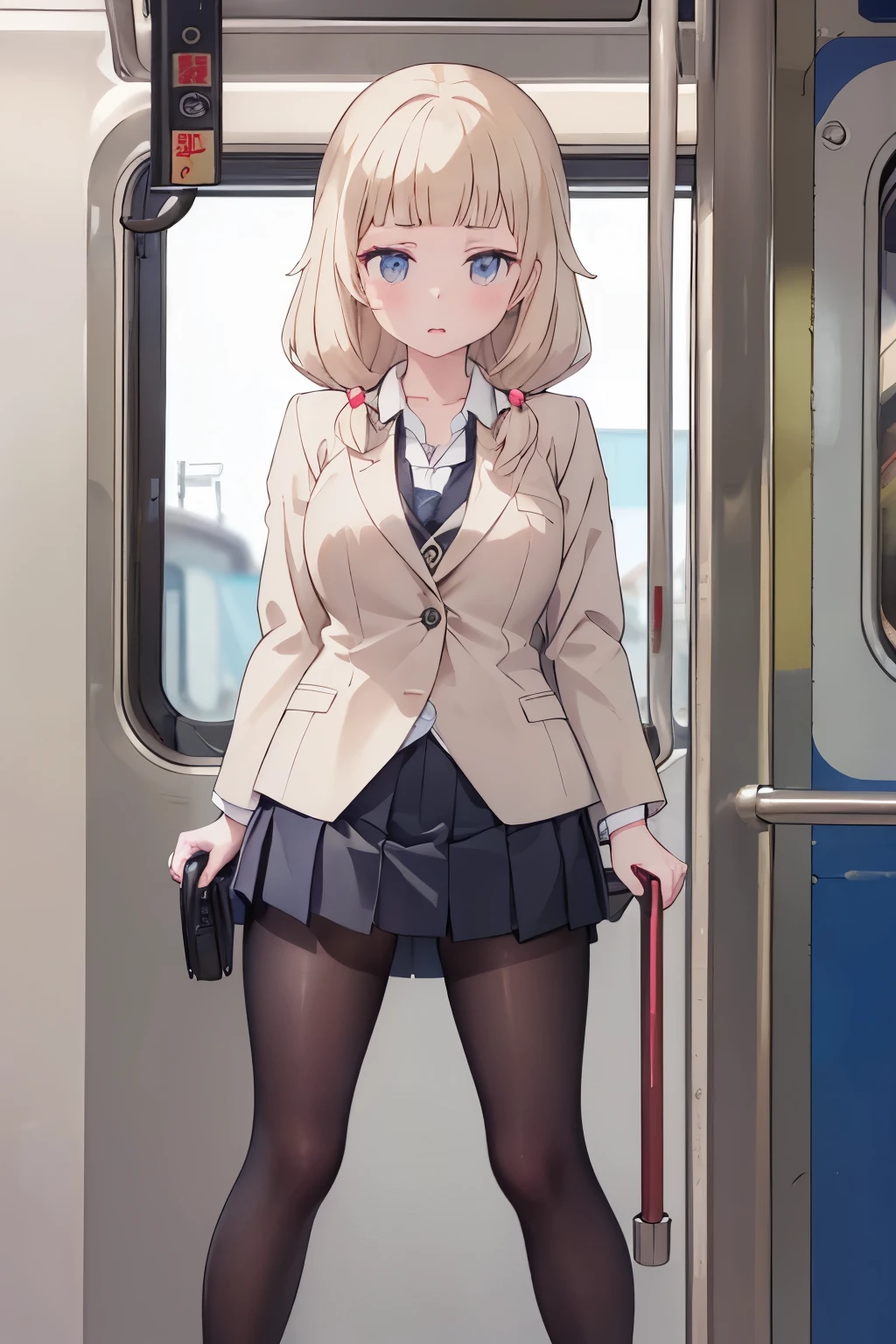 (8K、Highest quality、highest quality、masterpiece)、Detailed face、One girl、ONE boy、、、long hair、、blunt bangs、Grey Eyes、、、((Blazer jacket))、((White shirt))、((Pleated skirt))、((No panties))、((bent over))、on the train、Standing in front of the train door、Sticks to the door glass、((Pressing her chest against the train window 1.6))Spread your legs、Very large breasts、Nipples are visible、、Black Pantyhose、Milk dripping from nipples、Milk spurting from the nipple、、Open your mouth、Troubled face、Close ~ eyes、Love juice、Full body portrait、Masturbation、Put the vibrator in the crotch、Black Loafers、No panties、No bra