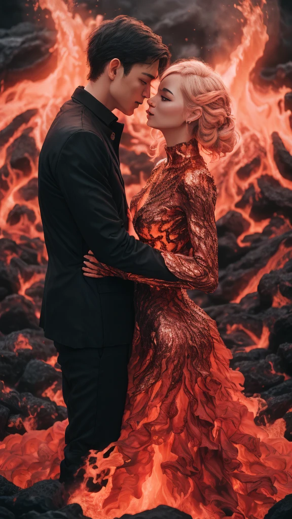 masterpiece，Highest quality，Rich in details，high resolution，flame/fiery的焰/flame，Dynamic Scene Scale 1.3，Romantic couple kissing in the fire，Firestorm，on fire，Bizarre fantasy image，Excellent skin texture，Magic Circle，Casting a Spell，strange，紫色strength，strength，fiery，meteor。