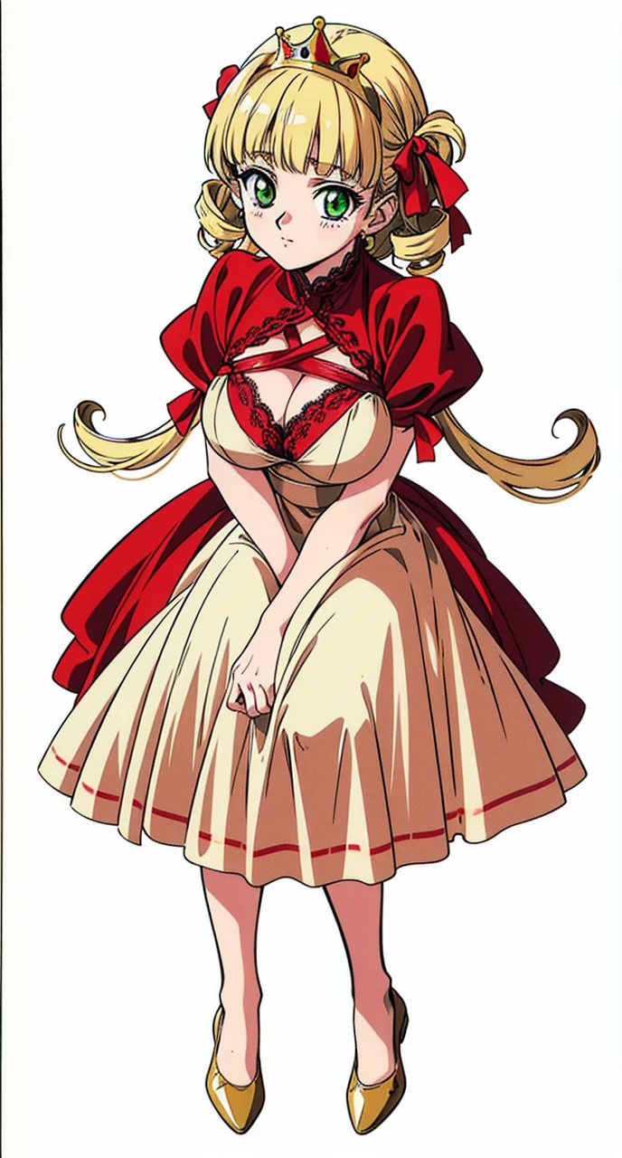 Best Quality, High resolution, 1990s \(Style\), retro artStyle, 1990s anime cels Style, evening, red ribbon,blunt bangs,green eyes,ringlets, twin drills,gold hair.lace, large breasts,princess,1girl