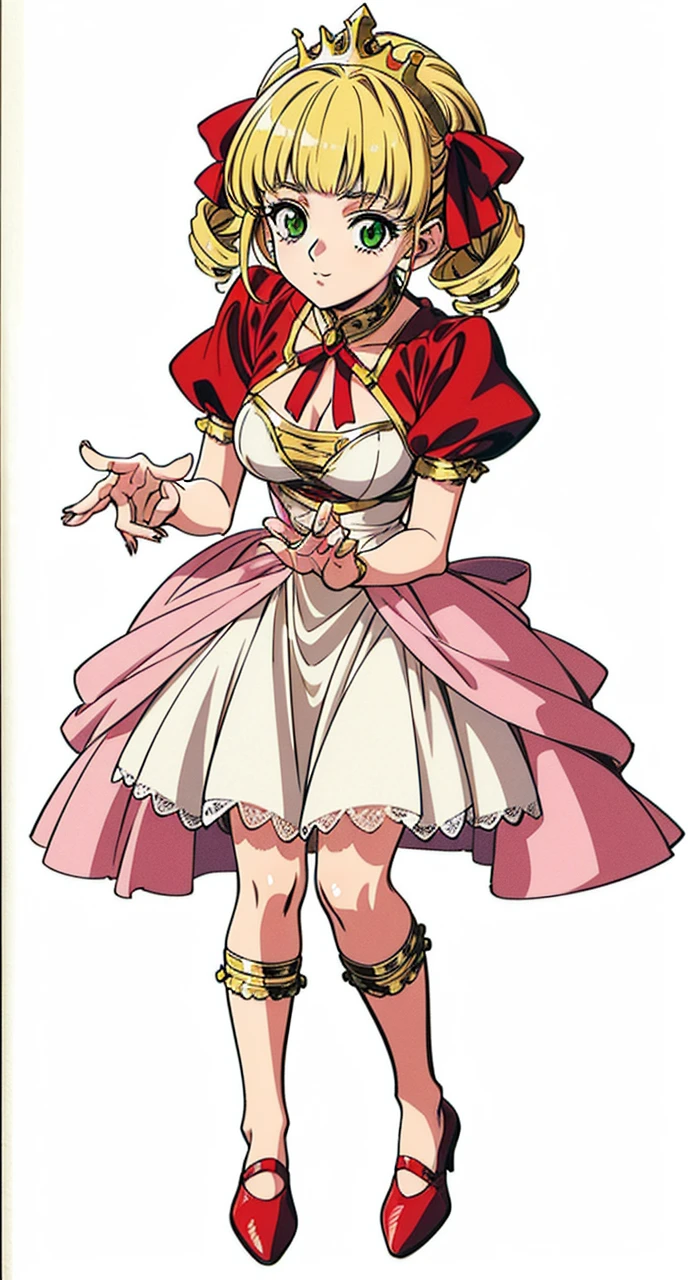 Best Quality, High resolution, 1990s \(Style\), retro artStyle, 1990s anime cels Style, evening, red ribbon,blunt bangs,green eyes,ringlets, twin drills,gold hair.lace, large breasts,princess,1girl
