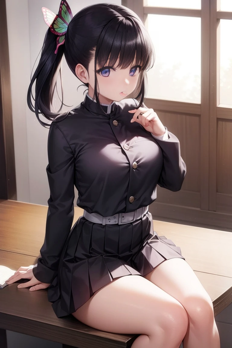 Kanao Tsuyuri, Kanao Tsuyuri, black hair, butterfly, butterfly hair ornament, (purple eyes:1.1), side ponytail, ponytail, NFV,
BREAK black skirt, e.g, Demon Slayer Uniform, long sleeves, pleated skirt, skirt, white e.g,
BREAK looking at viewer,
BREAK indoors, dumb room,
BREAK (table:1.2), Best quality, A high resolution, Обои Unity 8k, (illustration:0.8), (beautiful detailed eyes:1.6), very detailed face, perfect lighting, very detailed computer graphics, (perfect hands, Ideal Anatomy),masterpiece,A high resolution,Ideal Anatomy,Cinematic lighting,anime keyvisual,beautiful detailed eyes,Best quality,unity 8k wallpaper,super detailed skin,White skin,White lace panties,knees up,upskirt,cover your chest with your hand