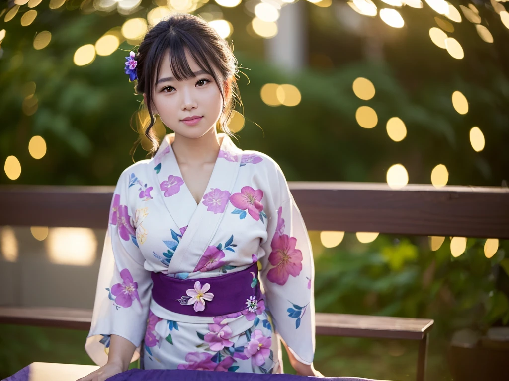 (Tabletop, Highest quality:1.4), ,The most beautiful in the world, 8K, 85mm, Absurd, (Floral Yukata:1.4), Upper body, Exposing the breasts、 Violet, Gardenias, Delicate girl, alone, night, View your viewers, Upper Body, Film Grain, chromatic aberration, Sharp focus, Face Light, Professional Lighting, Sophisticated, (smile:0.4), Cleavage, (Simple Background, Bokeh Background:1.2),