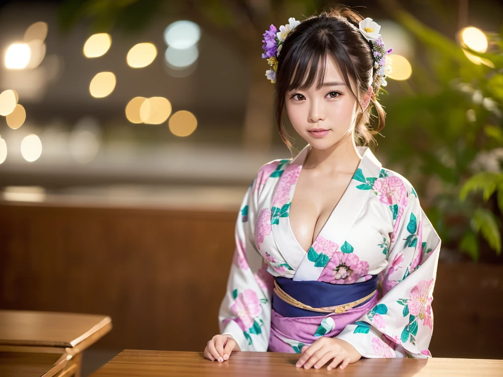 (Tabletop, Highest quality:1.4), ,The most beautiful in the world, 8K, 85mm, Absurd, (Floral Yukata:1.4), Upper body, Exposing the breasts、 Violet, Gardenias, Delicate girl, alone, night, View your viewers, Upper Body, Film Grain, chromatic aberration, Sharp focus, Face Light, Professional Lighting, Sophisticated, (smile:0.4), Cleavage, (Simple Background, Bokeh Background:1.2),