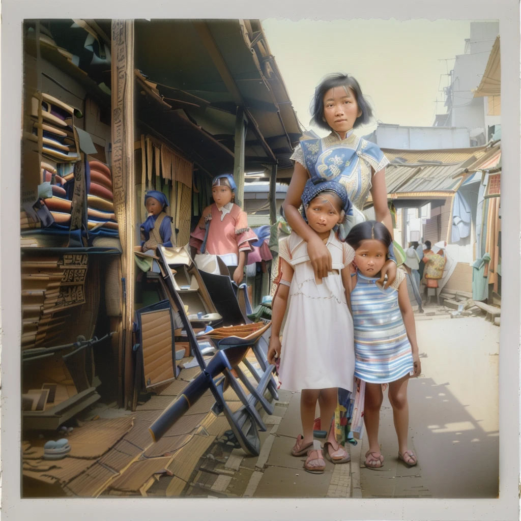 there are two girls standing next to each other on the sidewalk, an indonesian family portrait, old color photograph, coloured polaroid photograph, old damagaed polaroid photo, 1970s philippines, standing in township street, 1960s color photograph, ca. 2001, restored color, enhanced quality polaroid photo, standing in a township street