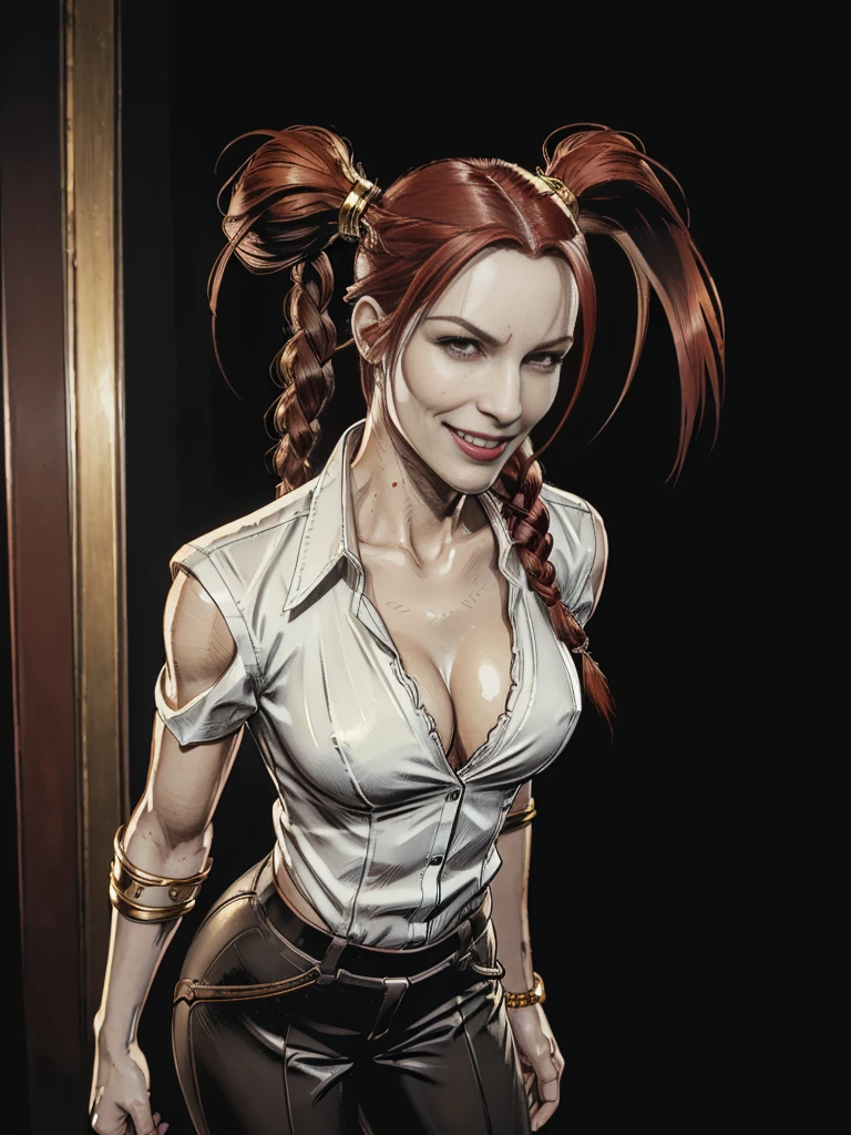 ((best quality)), ((4k)), ((highres)), ((masterpiece:1.2)). ((detailed)), ((ultra realistic)), ((intricate details)), ((full body picture)), ((character design sheet)), ((blank background)), ((standing in a blank background)), solo character, a full body shot of a sexy pale female, inhuman pale skin, pasty white skin, ((vampire pale skin))), ((ghostly pale skin like kratos from god of war)), redhead, ((vivid red hair)), long braided low ponytail, ((long braided low ponytail)), slicked back hair, sexy and dangerous, evil smile on her face, ((evil smile)), about 30 years old, about 6'0 ft tall, athletic frame, character concept art, female executive, blazer suit, dress pants, work pants, white outfit with black details and gold adornments, ((predominantly white outfit)), ((showing cleavage)), gold office heels, fighting game character concept art, tekken character design, the king of fighters character concept