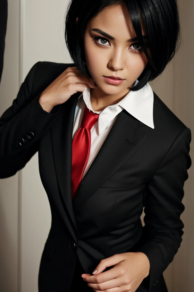 I want a girl with short black hair in a black suit with a red tie and red eyes
