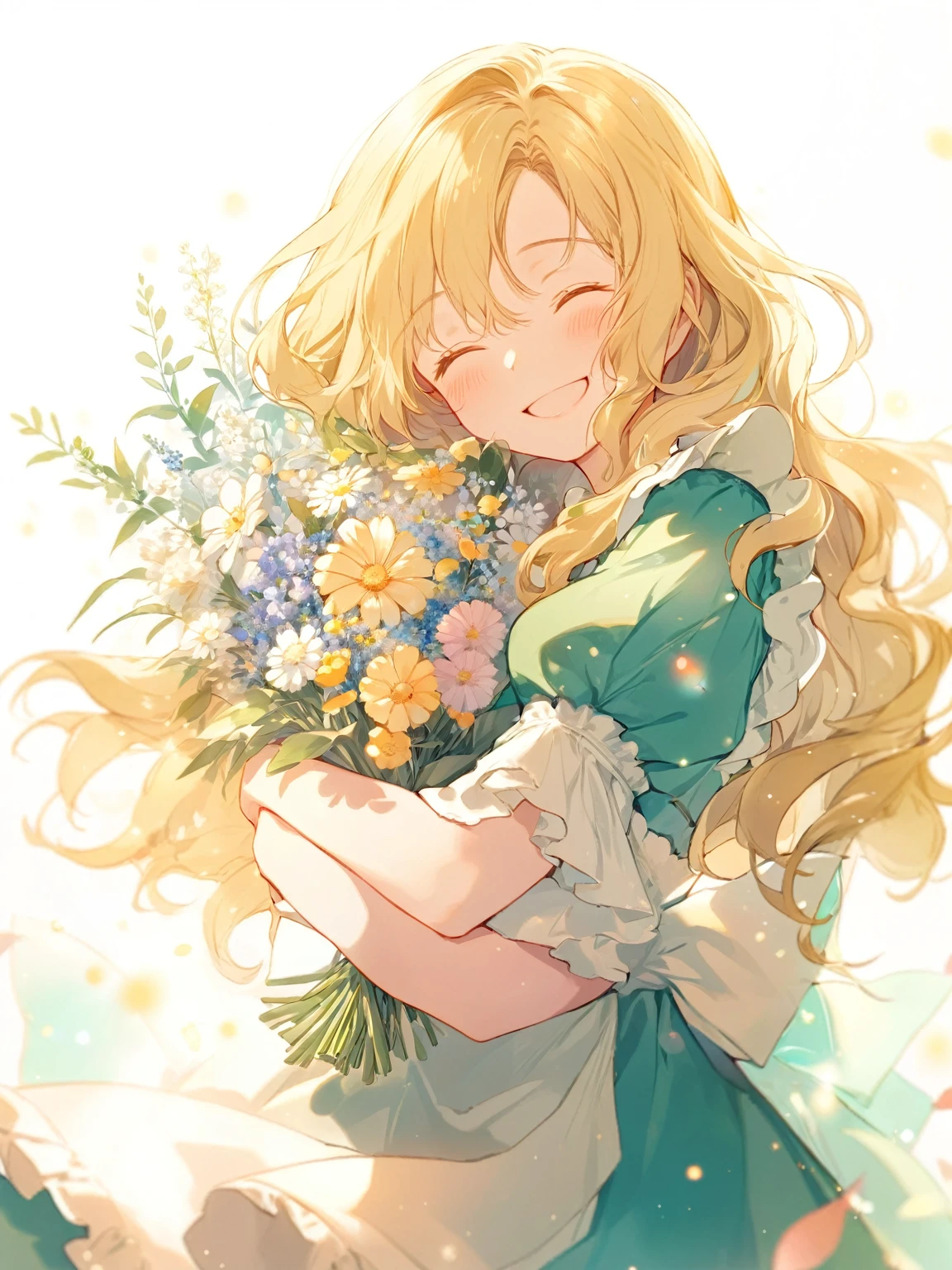 ultra-detailed illustration of 1girl, solo, wavy blonde hair, happy smile, closed eyes, bluegreen dress, white frilled apron, white background, beautiful back light, light particles, She is hugging a flower bouquet. masterpiece, best quality, beautiful illustration, very aesthetic art