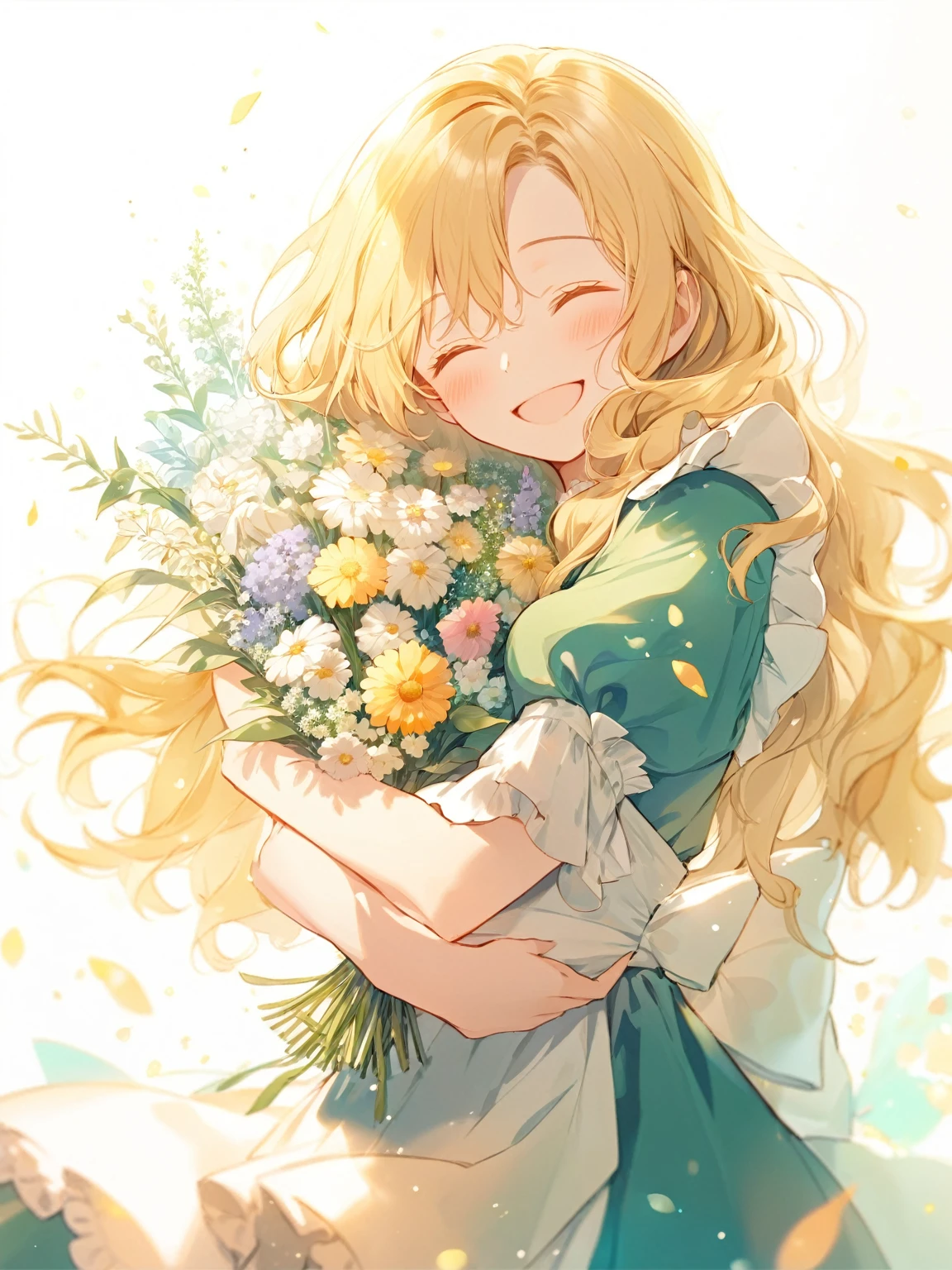 ultra-detailed illustration of 1girl, solo, wavy blonde hair, happy smile, closed eyes, bluegreen dress, white frilled apron, white background, beautiful back light, light particles, She is hugging a flower bouquet. masterpiece, best quality, beautiful illustration, very aesthetic art