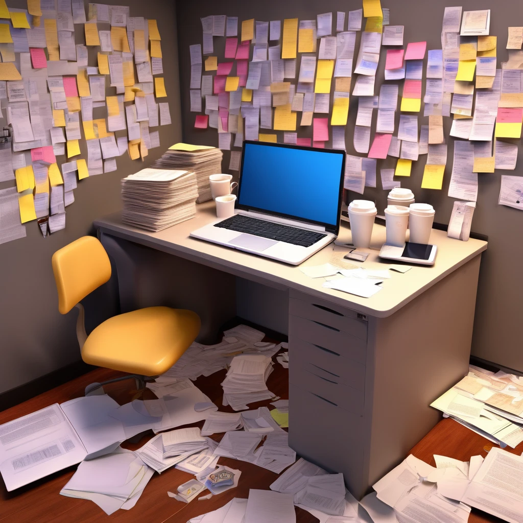 Chaotic Office: PiXAR style A table completely covered in papers, stacked coffee mugs and scattered post-its. The character trying to use multiple devices at the same time (laptop, tablet, phone). A clock on the wall with all the hands spinning madly, symbolizing lack of time