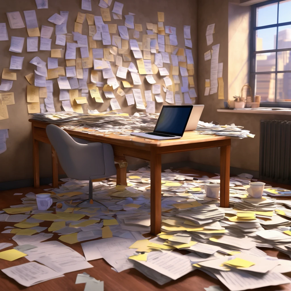 Chaotic Office: PiXAR style A table completely covered in papers, stacked coffee mugs and scattered post-its. The character trying to use multiple devices at the same time (laptop, tablet, phone). A clock on the wall with all the hands spinning madly, symbolizing lack of time