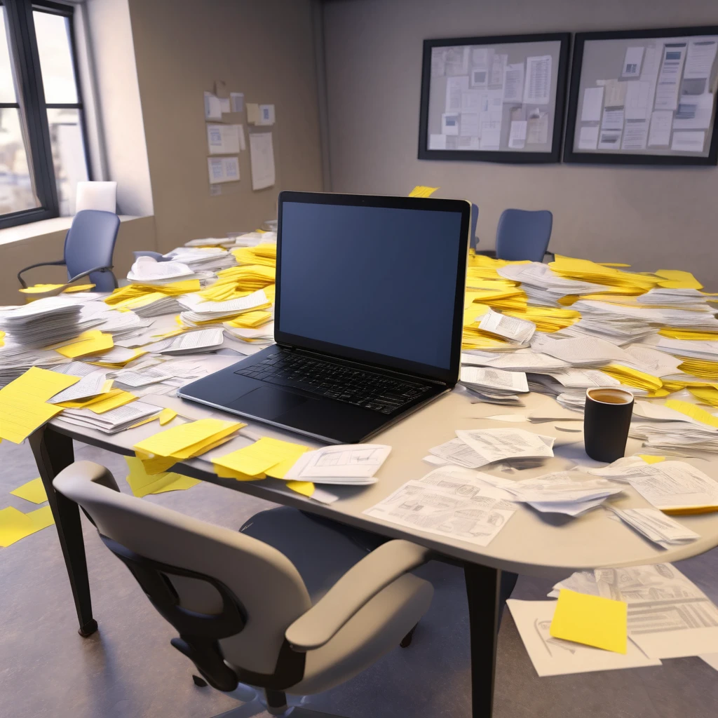 Chaotic Office: PiXAR style A table completely covered in papers, stacked coffee mugs and scattered post-its. The character trying to use multiple devices at the same time (laptop, tablet, phone). A clock on the wall with all the hands spinning madly, symbolizing lack of time