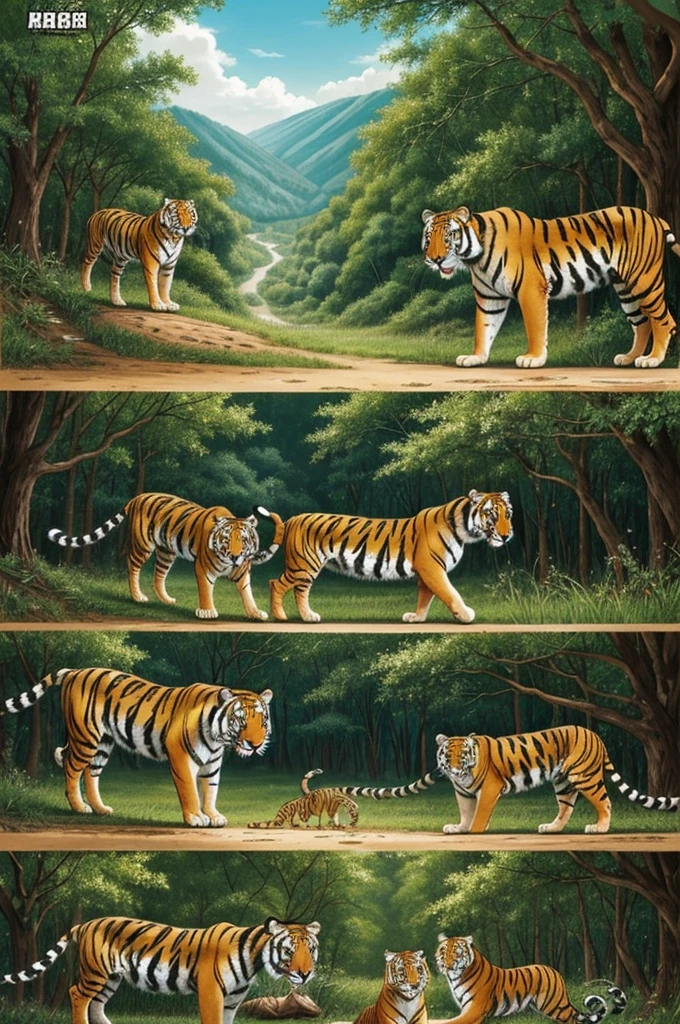 A comic with 8 scenes featuring the hunt for a tiger and the gathering of fruits in the forest.