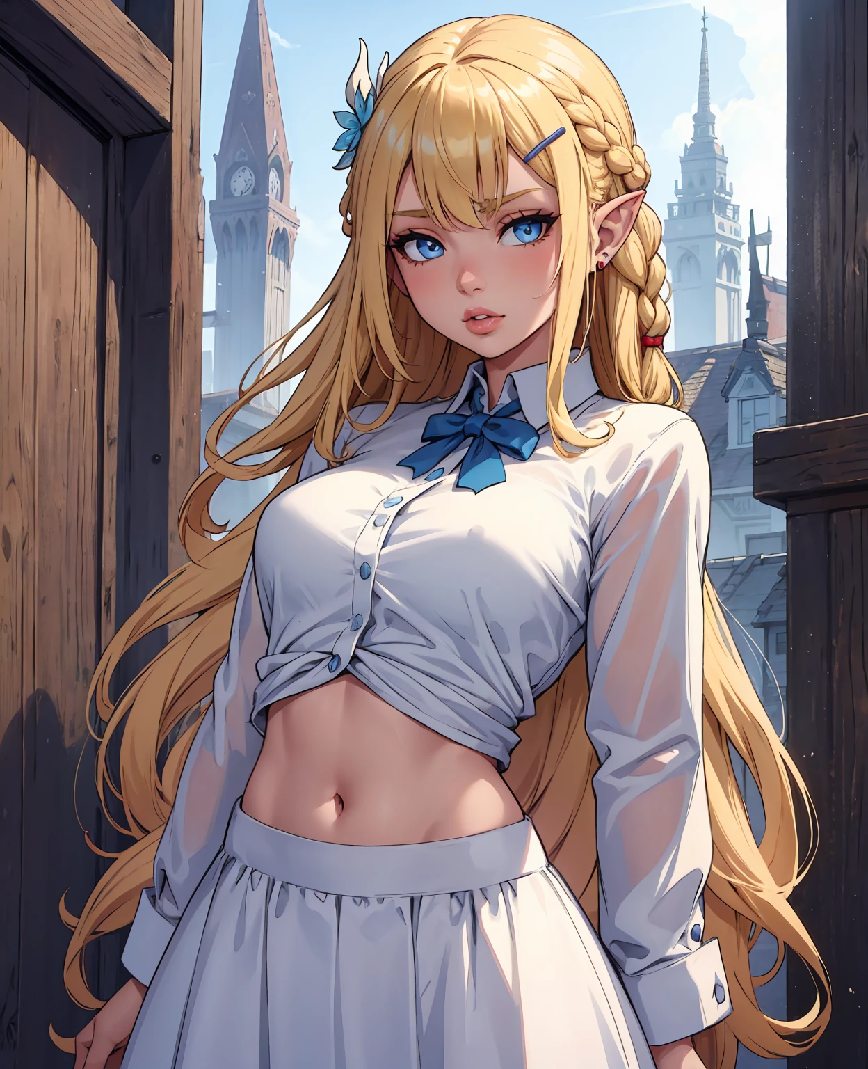 1girl, blonde hair, pointy ears, blue eyes, clothes lift, solo, hair ornament, hairclip, long hair, shirt lift, braid, looking at viewer, lips, lifted by self, horse, upper body, navel, day,white shirt,
