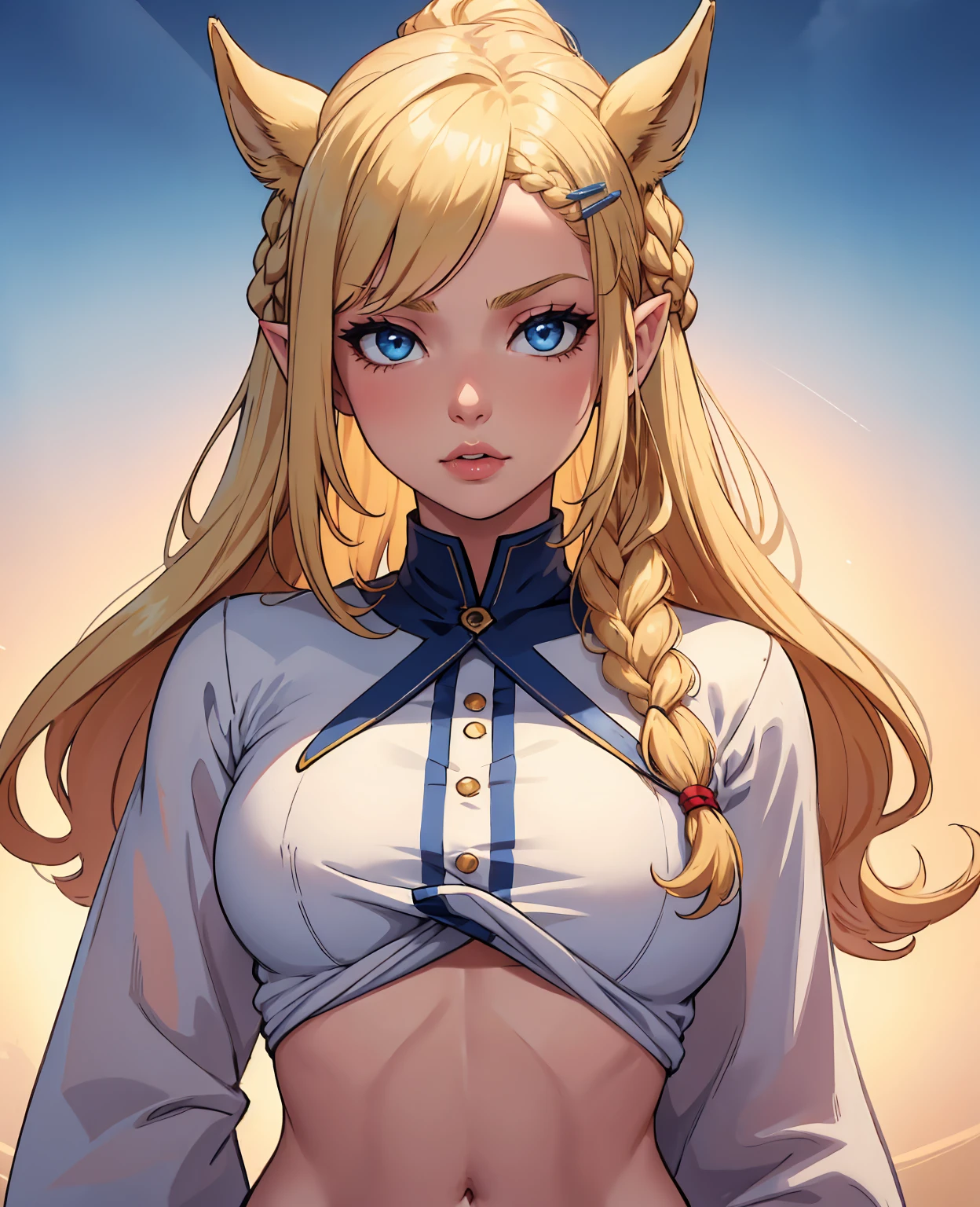 1girl, blonde hair, pointy ears, blue eyes, clothes lift, solo, hair ornament, hairclip, long hair, shirt lift, braid, looking at viewer, lips, lifted by self, horse, upper body, navel, day,white shirt,