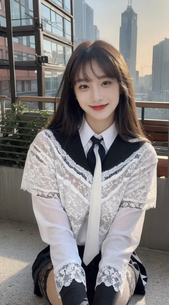 (1 Korean star with royal sister style), ((Best quality, 8K, Masterpiece: 1.3)), focal point: 1.2, Perfect body proportions: 1.4, (Make a smile), Watery eyes, Highly Detailed Face and Skin Textur, Fine eyes, Double eyelids, Whitens the skin, (long whitr hair, By bangs: 1.3), (face round: 1.5), (JK school uniform: 1.4), (Lace view: 1.6),(black lence stockings: 1.4),(JK style:1.4),(Daylight dusk:1.3),(A bustling city:1.3)