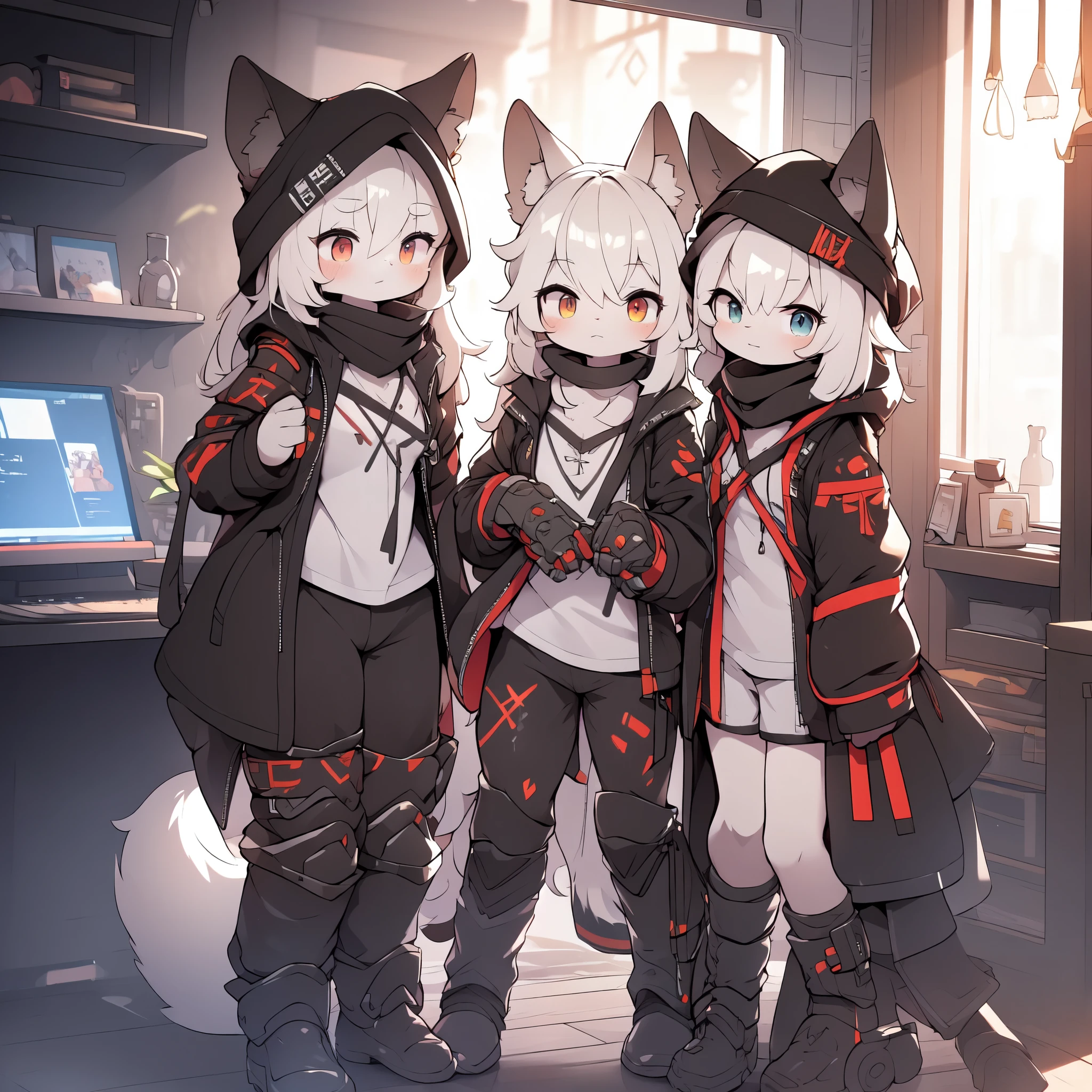 Kawaii, Striped Fluffy Fox, emaciated, long hair, 3girls, artificial synthetic skin, life support prosthetics, digital headphones, black tight latex bodysuit, white long dress, thigh-high-socks, shorts, loose off-the-shoulder hood open jacket, holsters in thigh, Mechanical boots, tactical knee pads, tactical belted loose Arm Sleeves, cybernetic Display gloves, chest rigs, tactical belts, blue archive halo, bulletproof goggles on forehead, from Ark nights, ray tracing, depth of field, bloom, masterpiece, ccurate, high details, highres