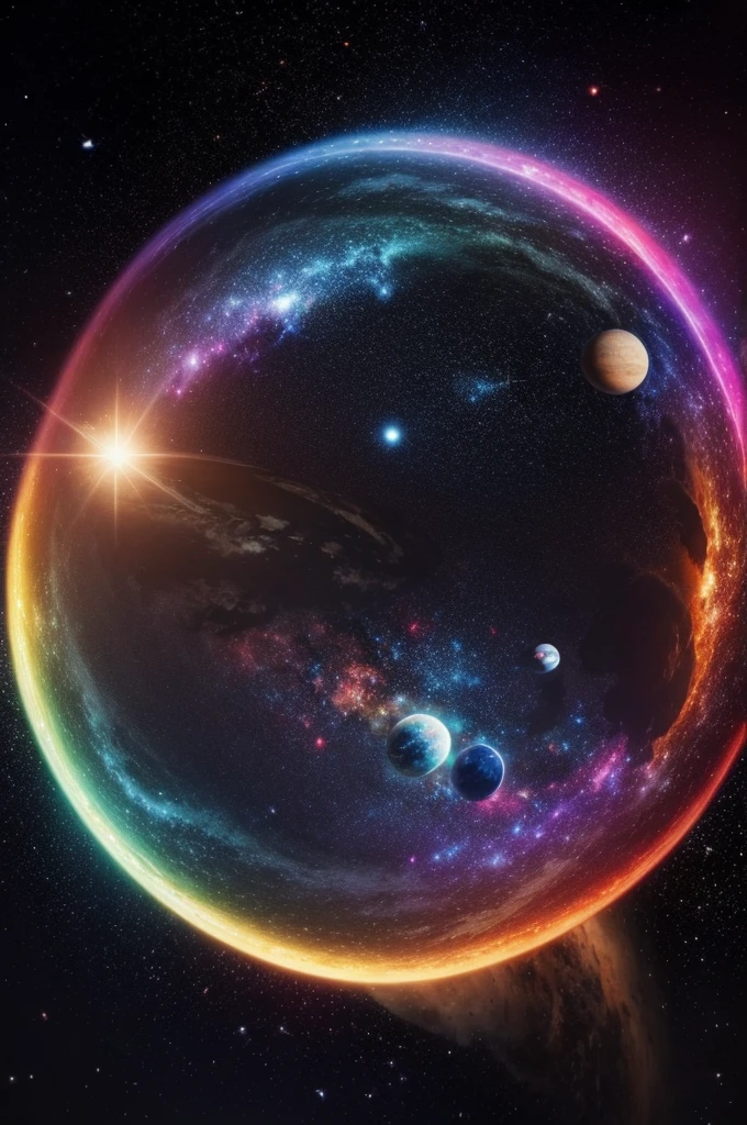 World over worlds, galaxies,rainbow colored planets and angels making circles