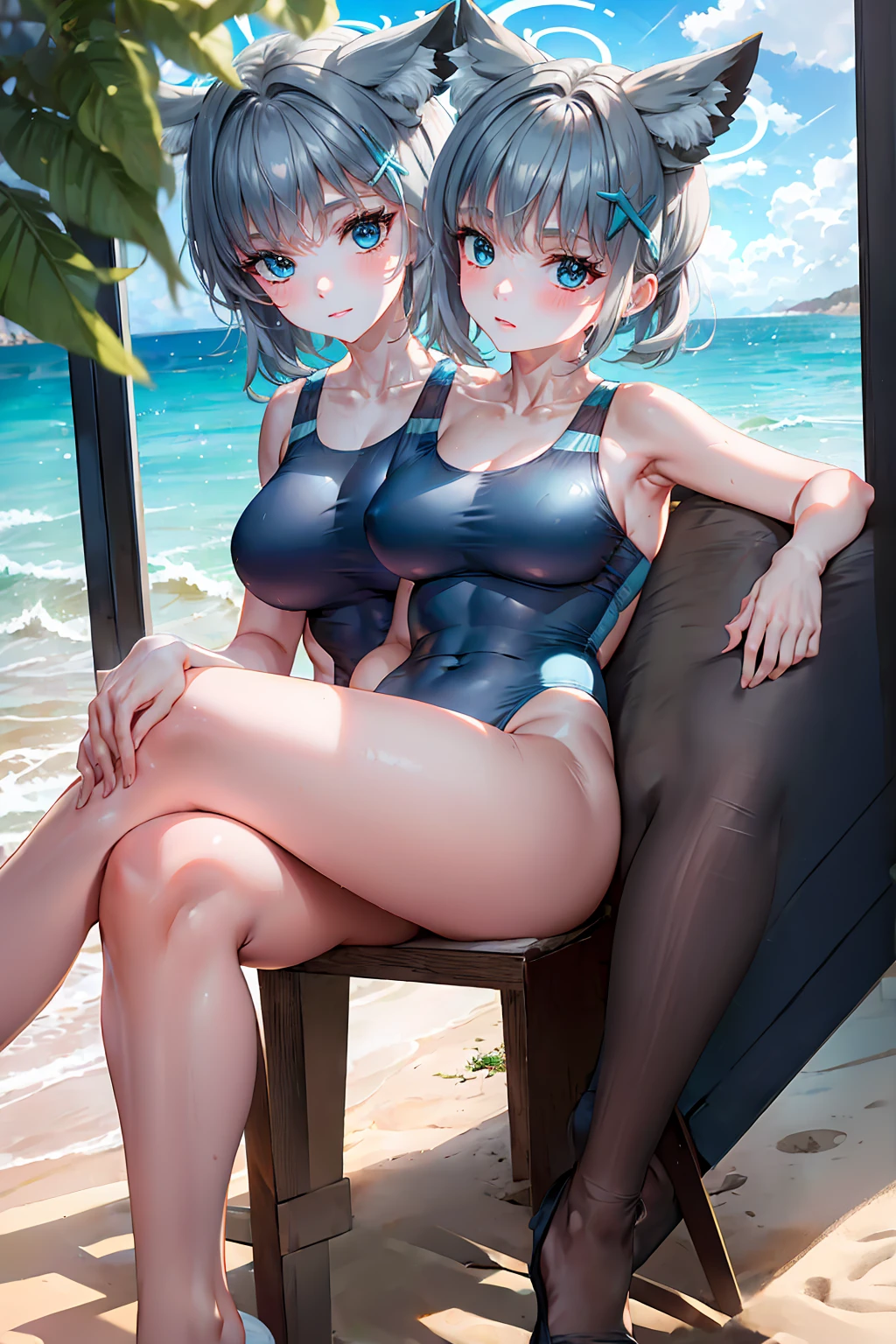 masterpiece,best quality,best resolusion,1 girl,2heads,shiroko character,detailed,conjoined twins,has two wolf ears on top of the head, has a round blue circle of light,short silver hair,blue hair ornament,blue eyes,wearing a tight dark blue women's swimsuit,normal ,beach background,beautiful face,beautiful eyes,beautiful body,beautiful hand,beautiful hair, sitting, (legs crossed:1.4), (crossed legs:1.4)