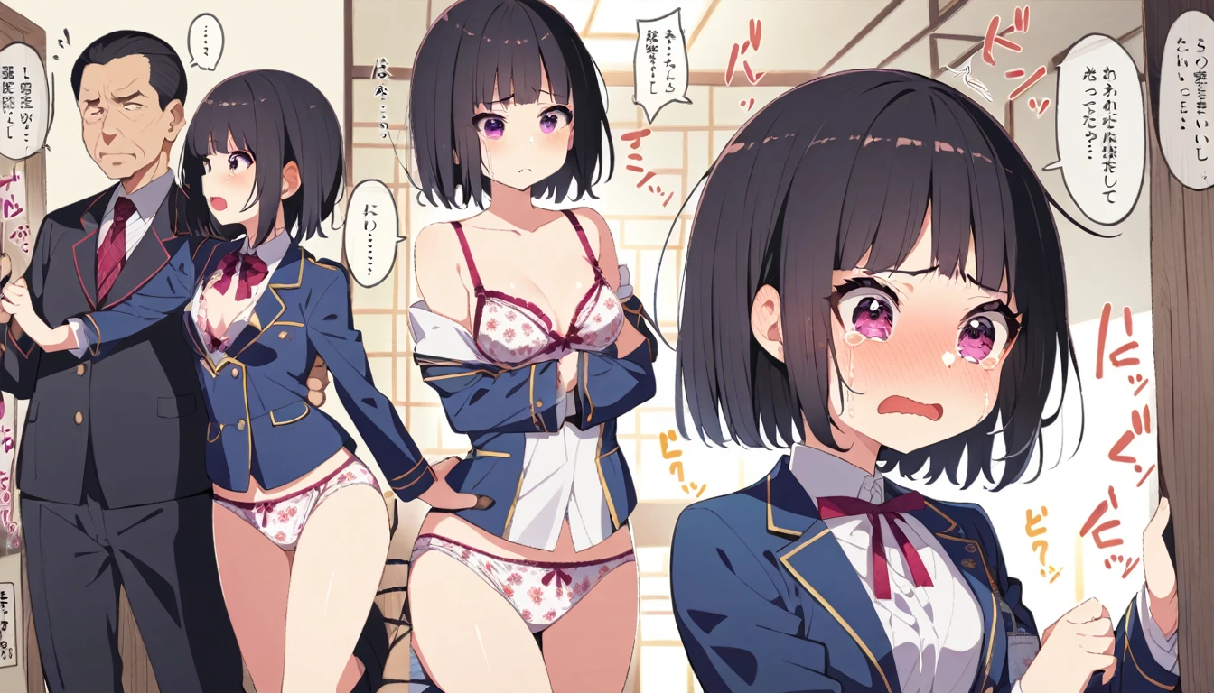A girl with black hair, short bob, small breasts, and pale pubic hair, wearing a blazer uniform, floral bra and floral panties, with erect nipples, is crying in disgust as a middle-aged man grabs her while standing in a Japanese-style room. Her hands are tied behind her back with a rope.、From head to ankle
