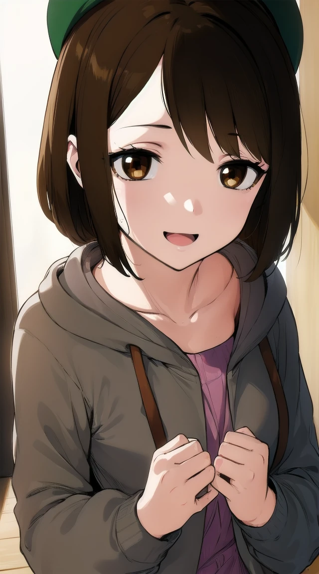 1girl,((black hair))
BREAK (( pokemongloria, (brown eyes:1.5), brown hair, medium hair, small breasts,cardigan, dress, green headwear, grey cardigan, hood, hood down, hooded cardigan, long sleeves, pink dress, short dress,
:1))
BREAK ((happy,r:1.4))
BREAK indoors,
BREAK looking at viewer,
BREAK (masterpiece:1.2), best quality, high resolution, unity 8k wallpaper, (illustration:0.8), (beautiful detailed eyes:1.6), extremely detailed face, perfect lighting, extremely detailed CG, (perfect hands, perfect anatomy),