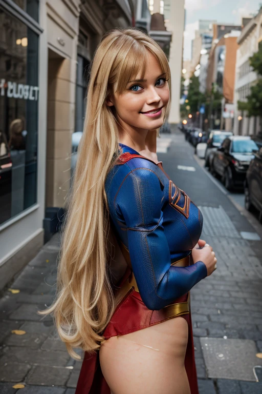 1 girl, ((Dressed as Supergirl)), beautiful Realistic supermodel (blue eyes), (She is smiling: 1.1), perfect face, split lips, (Best quality, 8k, Masterpiece: 1.3), perfect hands, focus clear: 1.2, perfect body beauty: 1.4, thin abdomen: 1.2, highly detailed face and skin texture, detailed eyes, (long blonde hair with bangs: 1.3) standing, dynamic pose, (in a city)
