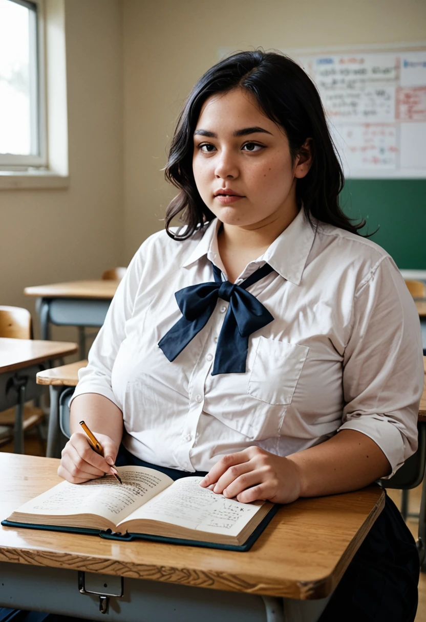 "Make a woman at school, somewhat chubby, short, white, with black hair studying."