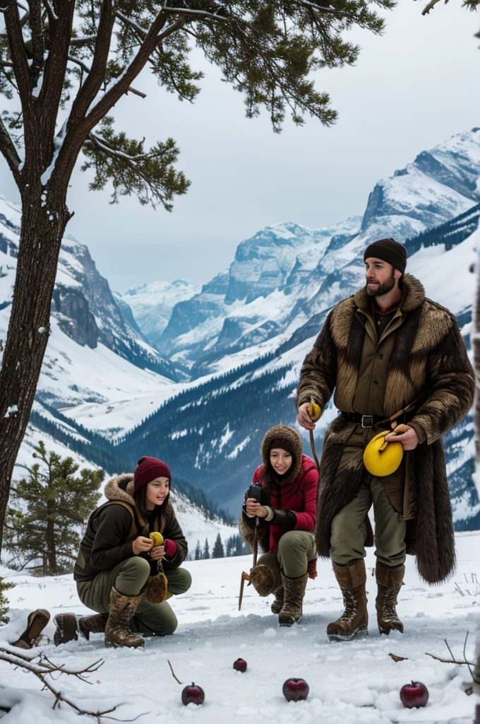 A couple goes hunting and gathering fruit in the ice age.