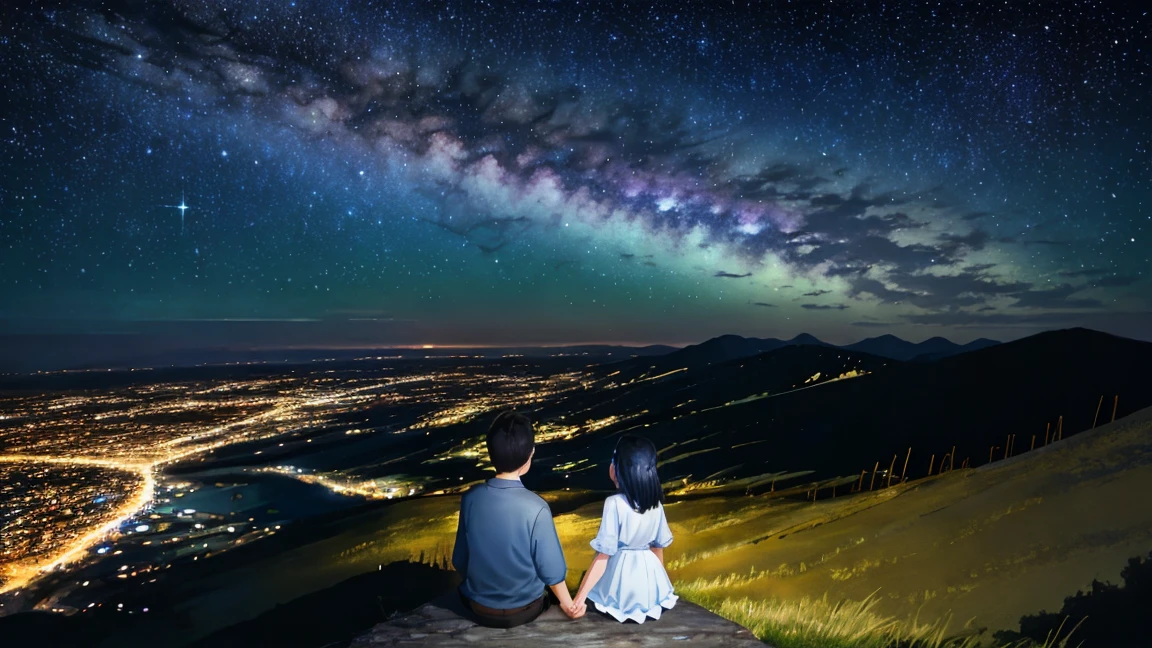 Looking up at the Milky Way from atop a small hill、Young man and woman holding hands and looking at each other、Fantasy