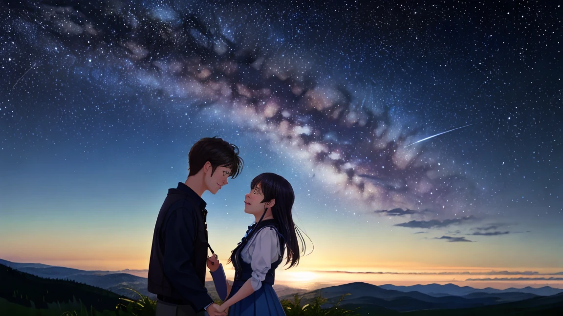 Looking up at the Milky Way from atop a small hill、Young man and woman holding hands and looking at each other、Fantasy