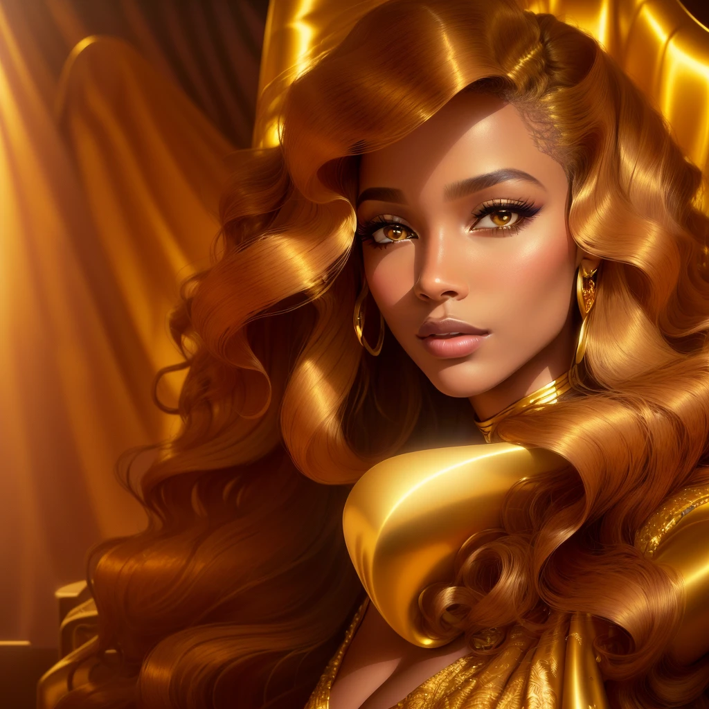 araffe woman with long curly hair wearing a golden dress, wrapped in silky gold, Beautiful woman, Glamorous portrait, portrait of a beautiful model, beautiful portrait lighting, linda Beautiful woman, flawless brown skin, jaw dropping beauty, 4k glamor photography, short golden curls, jaw dropping beauty, golden light, sophisticated fashion photoshoot, wrapped in gold sitting in an armchair