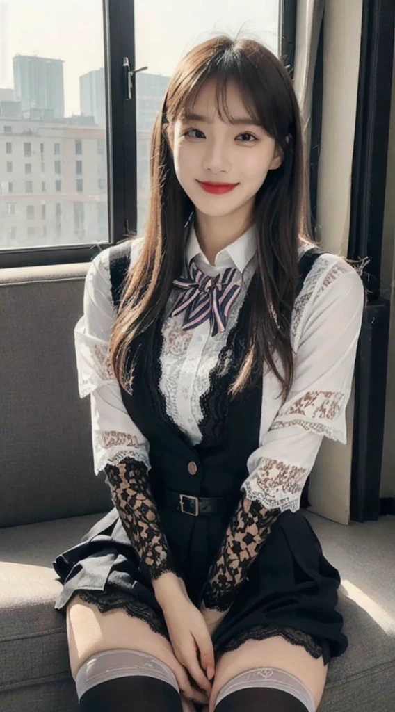 (1 Korean star with royal sister style), ((Best quality, 8K, Masterpiece: 1.3)), focal point: 1.2, Perfect body proportions: 1.4, (Make a smile), Watery eyes, Highly Detailed Face and Skin Textur, Fine eyes, Double eyelids, Whitens the skin, (long whitr hair, By bangs: 1.3), (face round: 1.5), (JK school uniform: 1.4), (Lace view: 1.6),(black lence stockings: 1.4),(JK style:1.4),(Daylight dusk:1.3),(A bustling city:1.3)