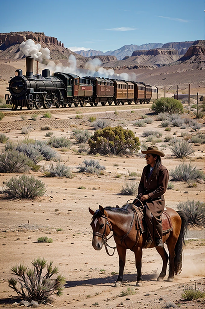 steam locomotive in the desert and Indians on horseback