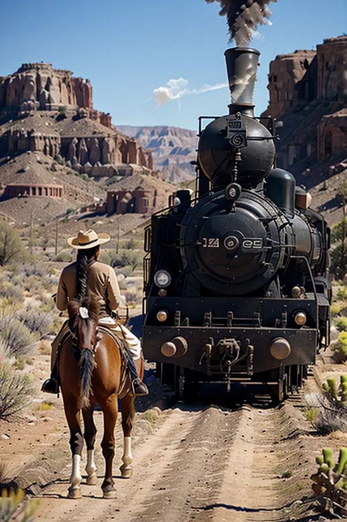 steam locomotive in the desert and Indians on horseback