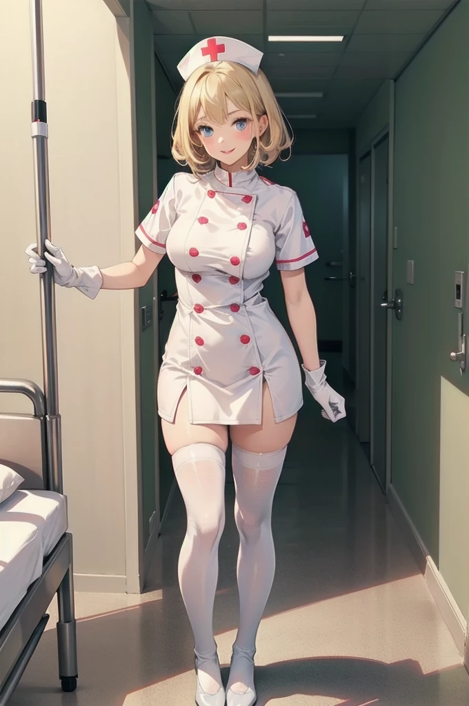1woman, solo, nurse, nurse cap, white wear, ((white legwear, zettai ryouiki)), white gloves, blonde hair, blue eyes, pink lips, smile, standing, ((hospital room)), sharp outline, short sleeves, mature female, 35 years old, best quality, masterpiece