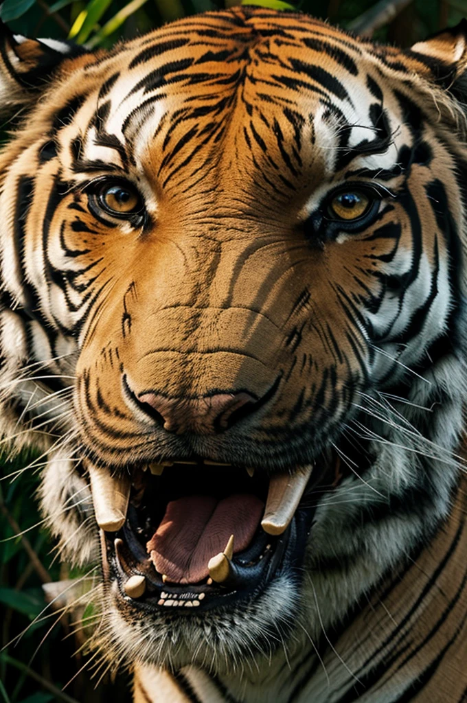 large eyes, elephant nose, tiger teeth, human body and big hairy feet