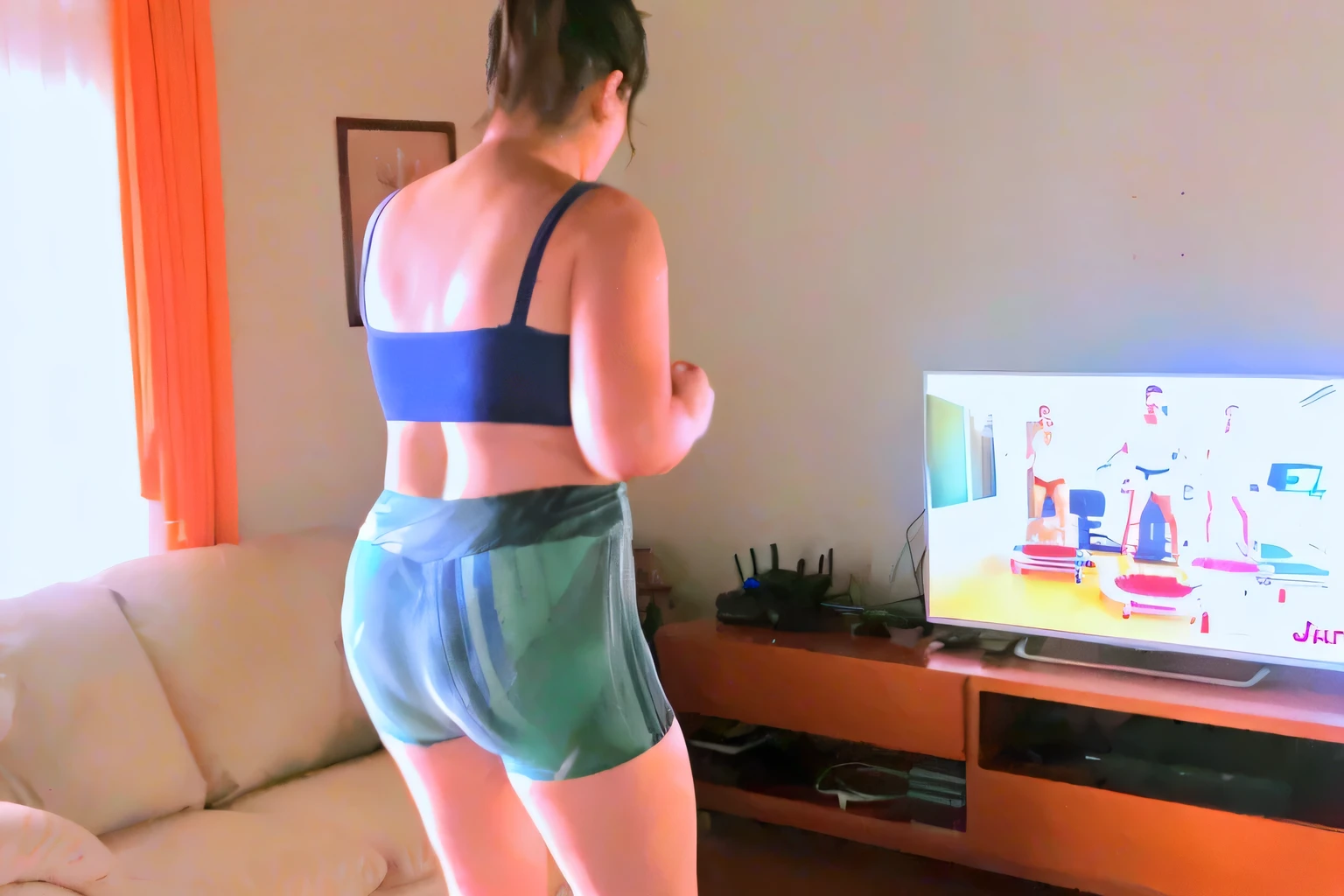 there is a woman in a bikini and panties playing a video game, toned derriere, sweaty 4 k, view from the back, from the back, seen from the back, thicc, shapely derriere, shot from the back, sport bra and shorts, seen from behind, view from behind, booty shorts, from back