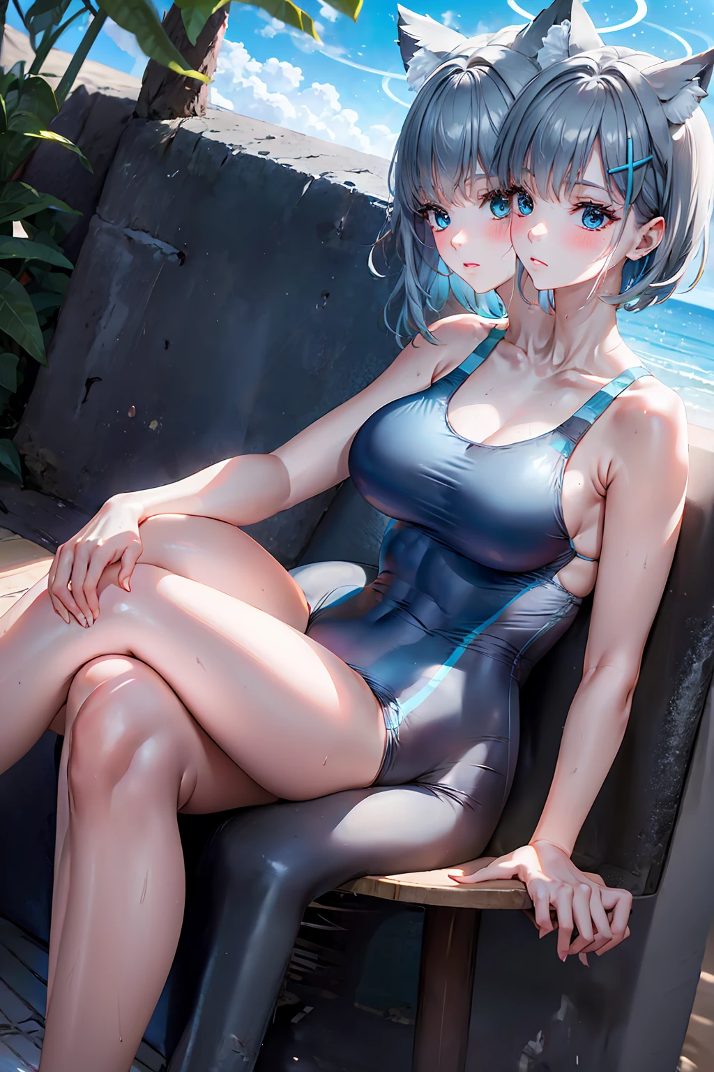 masterpiece,best quality,best resolusion,1 girl,2heads,shiroko character,detailed,conjoined twins,has two wolf ears on top of the head, has a round blue circle of light,short silver hair,blue hair ornament,blue eyes,wearing a tight dark blue women's swimsuit,normal ,beach background,beautiful face,beautiful eyes,beautiful body,beautiful hand,beautiful hair, sitting, (legs crossed:1.4), (crossed legs:1.4)