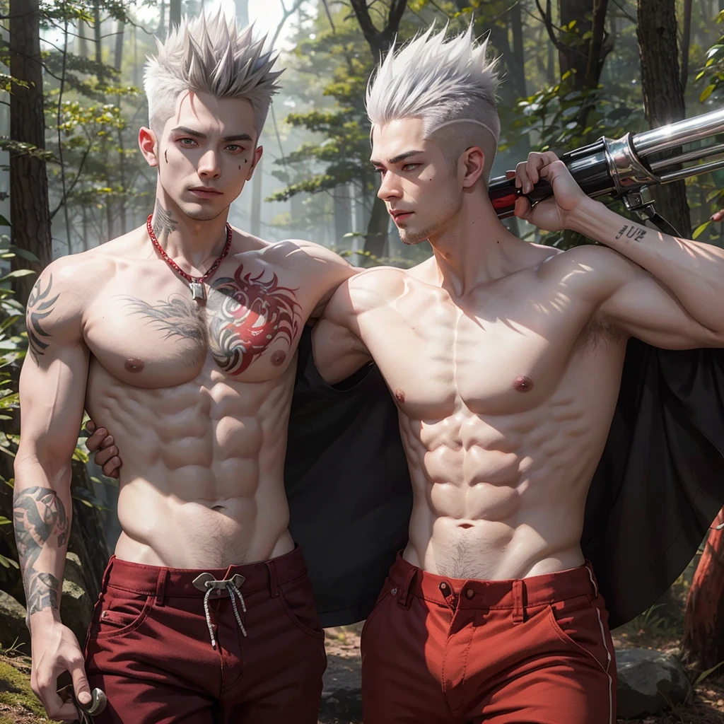 Young man, spiky very short white gray hair on top and razor on the sides, red eyes, smirk on his face, red pants, scar on his neck left side to his face, shirtless, fox tattoo on the left side of his belly button, on a forest with nunchaku, mythic fantasy warrior