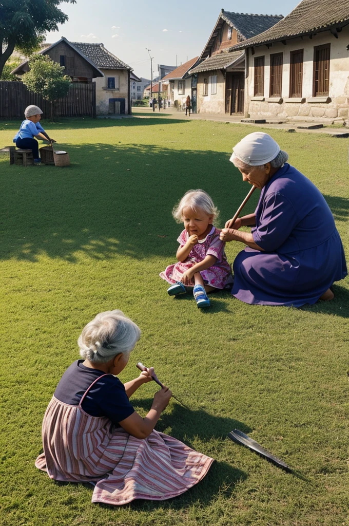 Create an image of a small old town where an old woman is combing the hair of a  sitting on the grass and other children are playing around. 