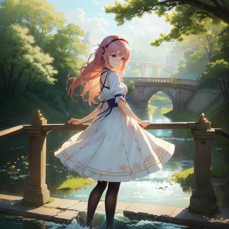 anime girl standing on a bridge overlooking a river and bridge, cute anime waifu in a nice dress, rin, cushart krenz key art feminine, beautiful anime artwork, beautiful anime art, official art, on a bridge, beautiful anime, standing on a bridge, anime girl walking on water, beautiful anime girl, beautiful anime scene, beautiful anime art style