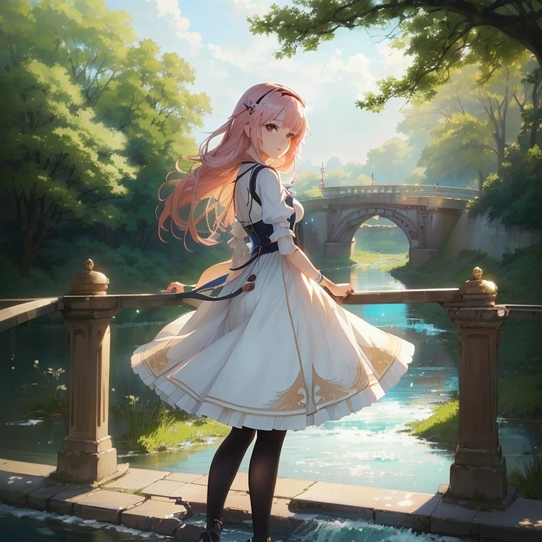 anime girl standing on a bridge overlooking a river and bridge, cute anime waifu in a nice dress, rin, cushart krenz key art feminine, beautiful anime artwork, beautiful anime art, official art, on a bridge, beautiful anime, standing on a bridge, anime girl walking on water, beautiful anime girl, beautiful anime scene, beautiful anime art style