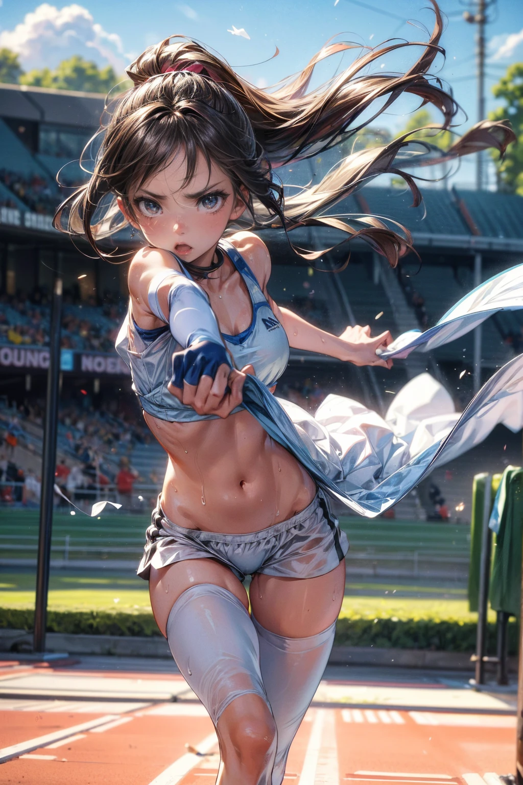 Photo of a 20 year old woman, Perfect Face, masterpiece, good, Sports bra,Racing Bloomers、good, Dynamic Perspective、Run at full speed、Sweat flying、Serious face、Run towards the viewer、Track and Field、
