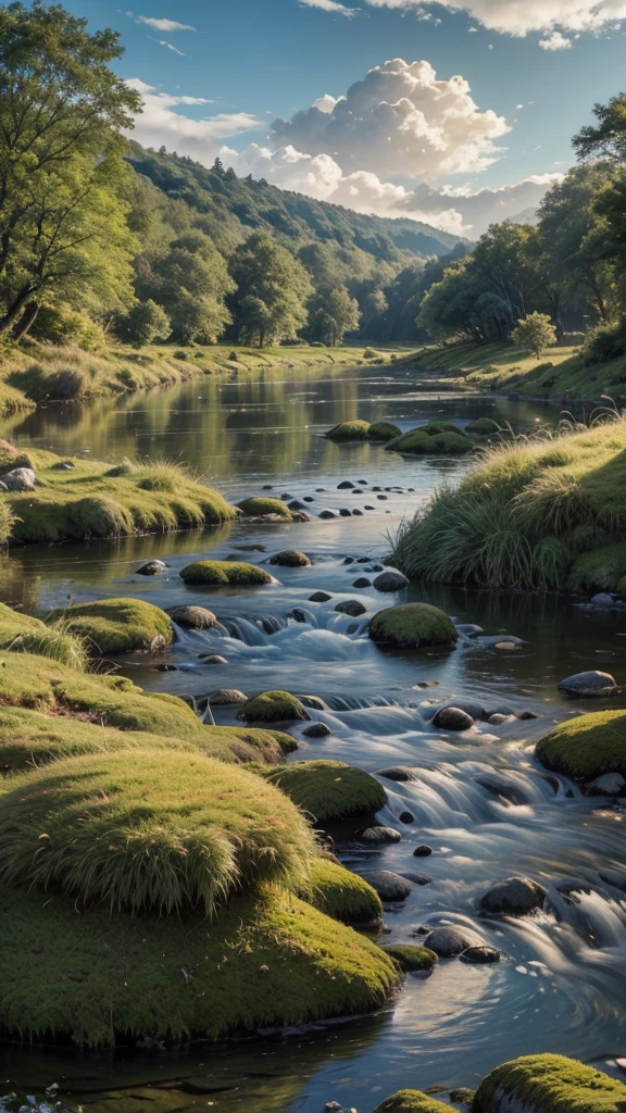 a simple river with moss-covered stones, serene landscape, idyllic nature scene, tranquil atmosphere, golden hour lighting, lush greenery, reflected clouds, still water, peaceful ambiance, warm color palette, photorealistic, highly detailed, cinematic composition, masterpiece